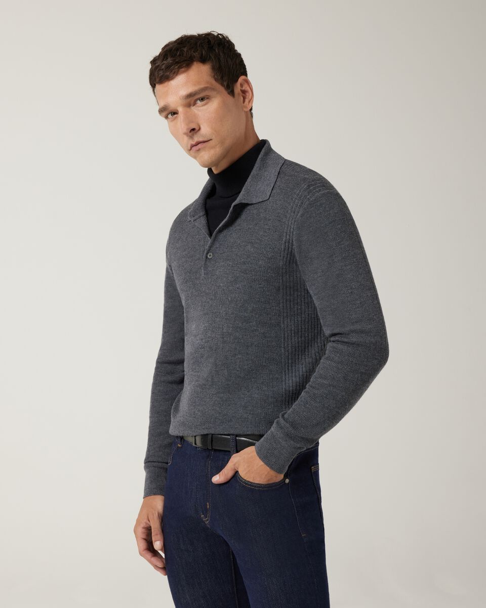 Long sleeve knitted polo, Charcoal, hi-res